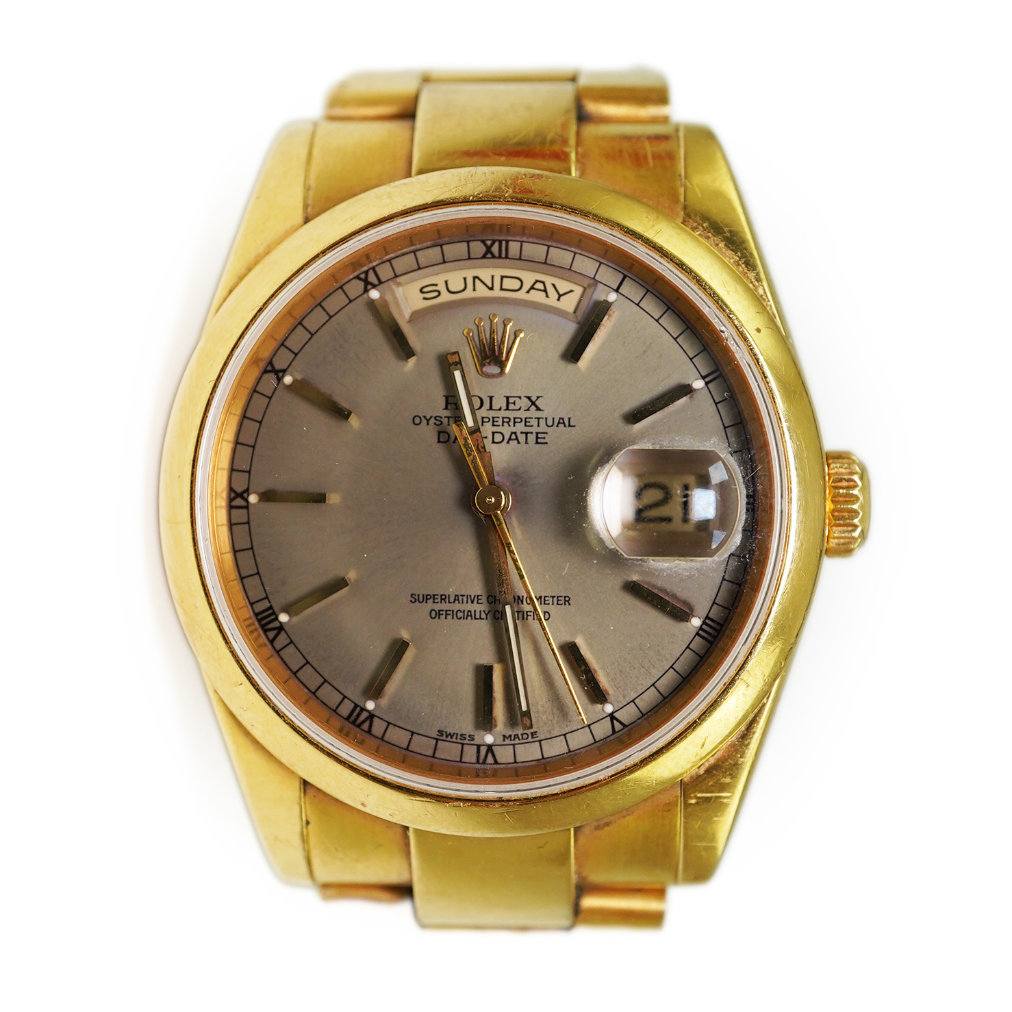 A gentleman's 2001 18ct gold Rolex Oyster Perpetual Day Date wrist watch, on an 18ct gold Rolex bracelet numbered 73858